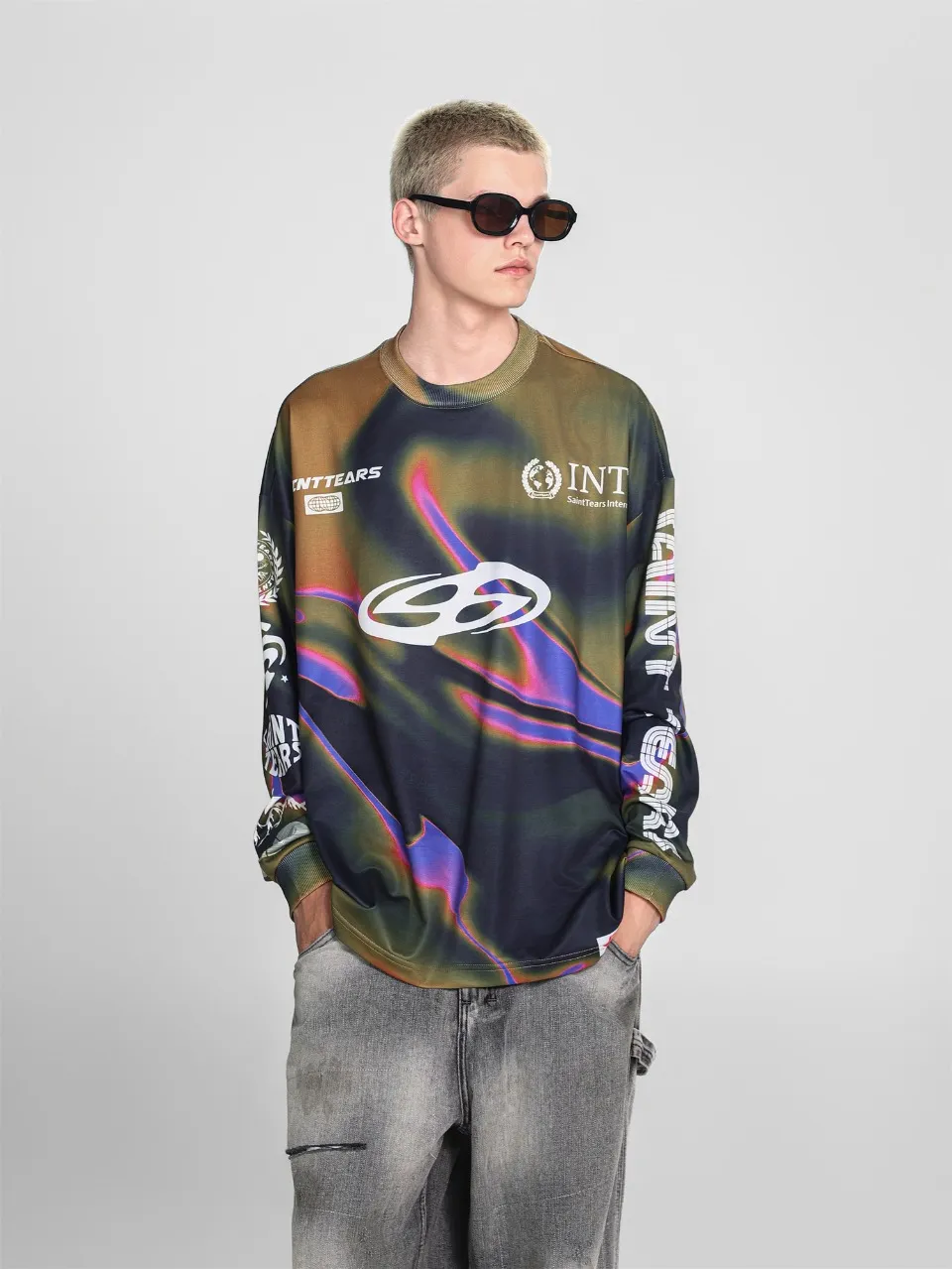 Saint michael tears all-over printed long-sleeved vintage autumn and winter T-shirt Style number: 119 Size: M L XL Wholesale price: 136 Color: blue yellow